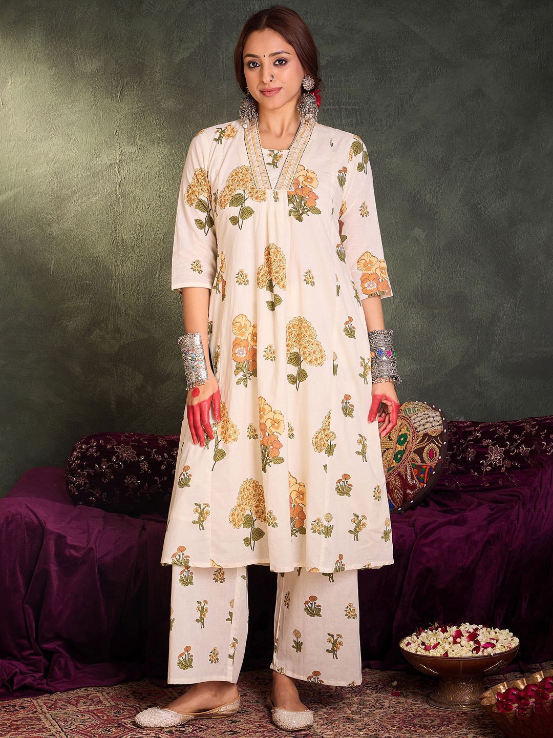 

Indo Era Floral Printed Pure Cotton V-Neck A-Line Kurta With Palazzos, White