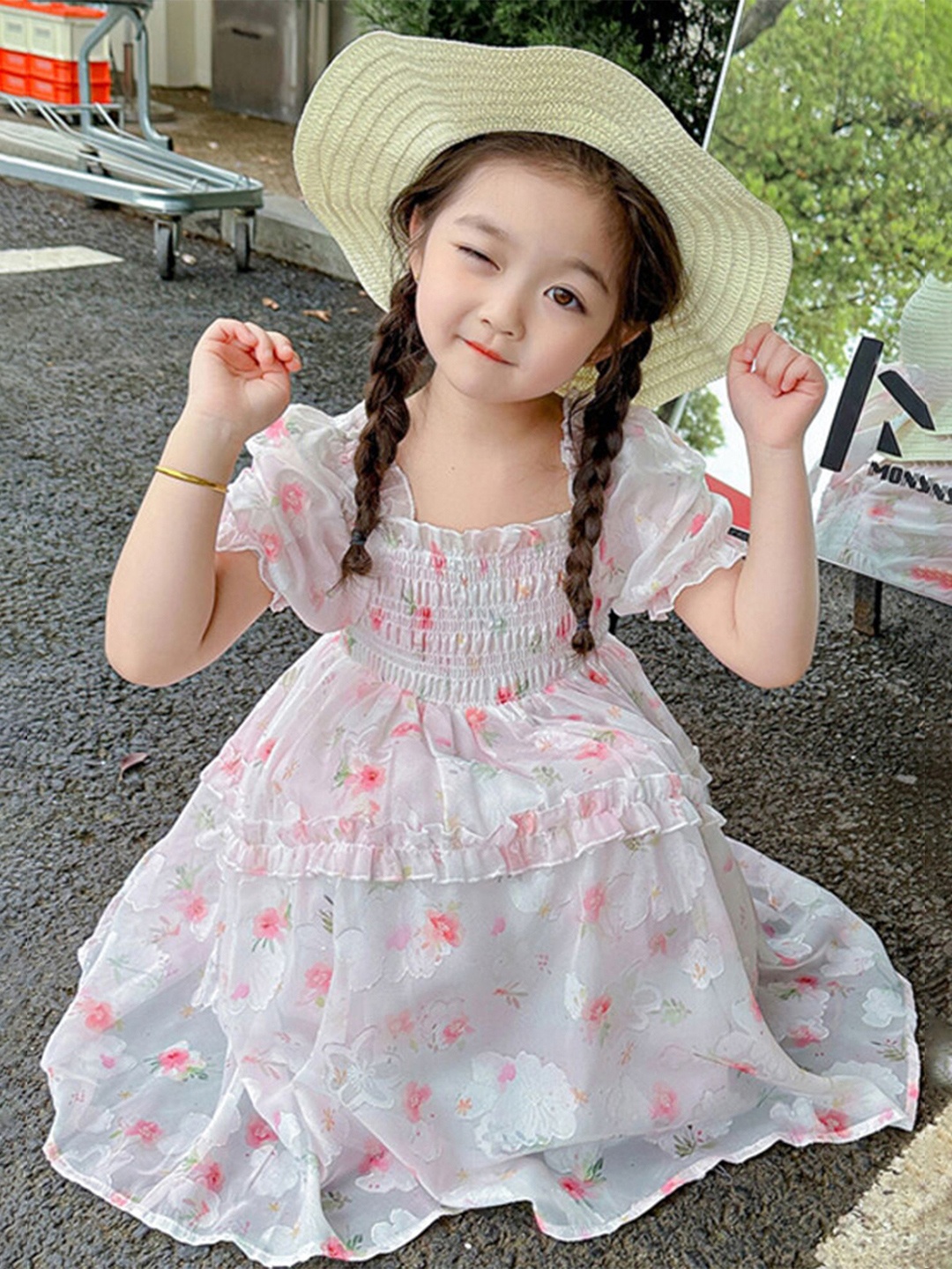 

LULU & SKY Girl Floral Print Puff Sleeves Smocked Fit & Flare Midi Dress, White