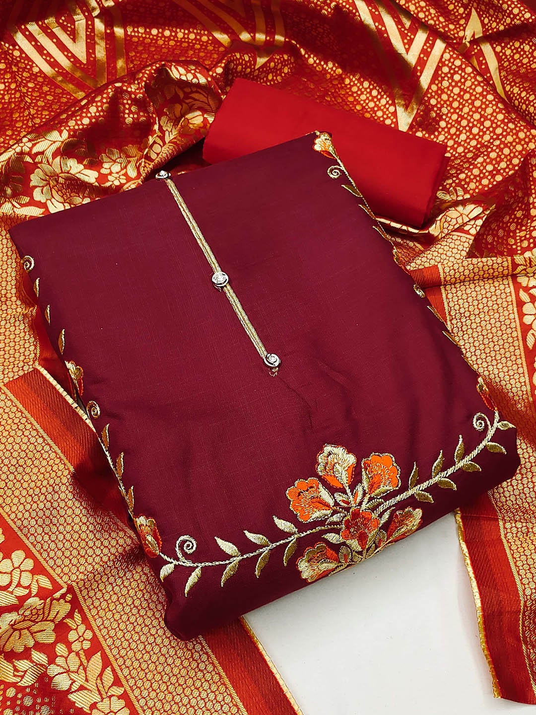 

HERE&NOW Embroidered Thread Work Glaze Cotton Unstitched Dress Material, Maroon
