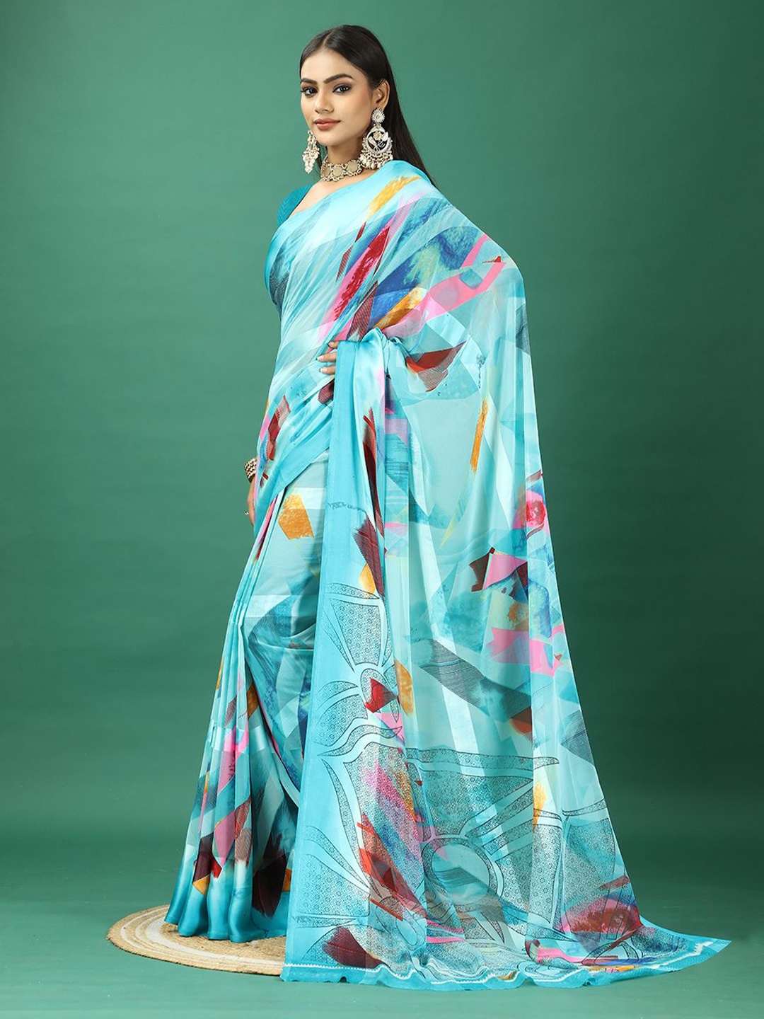 

VIRENDRA TEXTILES Printed Satin Saree with Blouse Piece, Blue