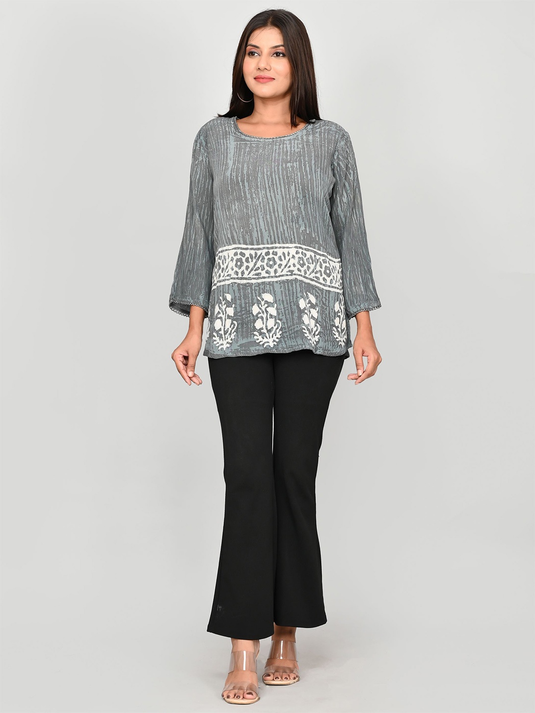 

BAESD Ethnic Motifs Batik Print Cotton Top, Grey