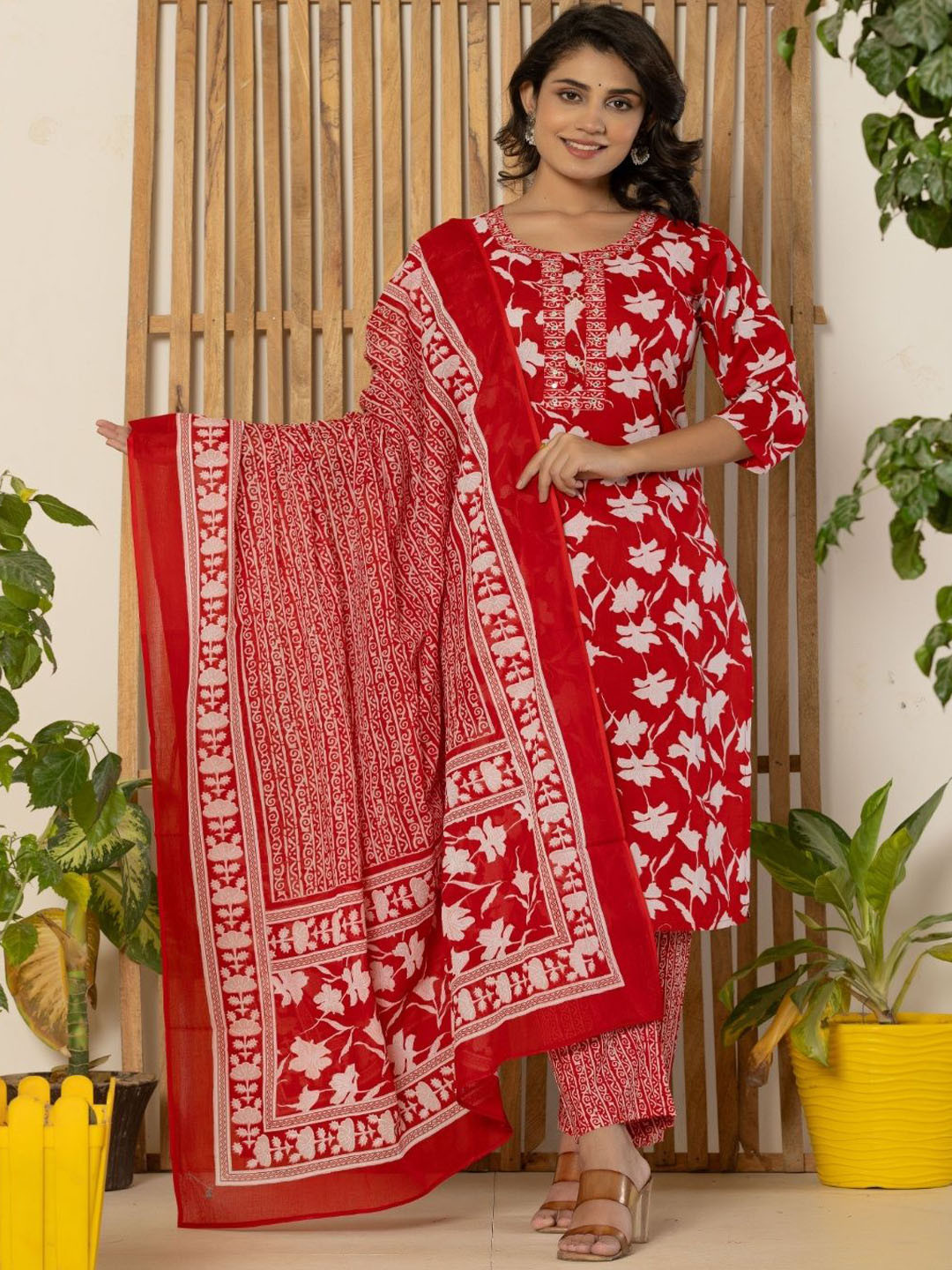 

NUNCHII Floral Printed Beads and Stones Pure Cotton Straight Kurta with Trousers & Dupatta, Red
