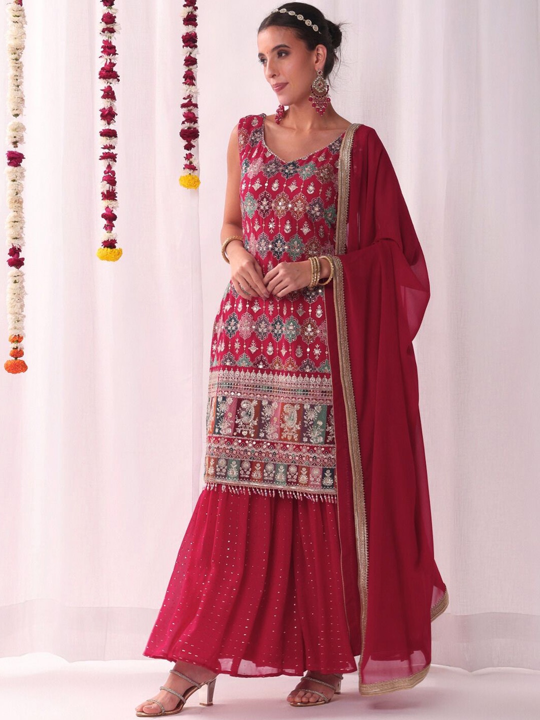 

Chhabra 555 Sequinnce Embroidered Georgette Kurta With Sharara & Dupatta, Pink