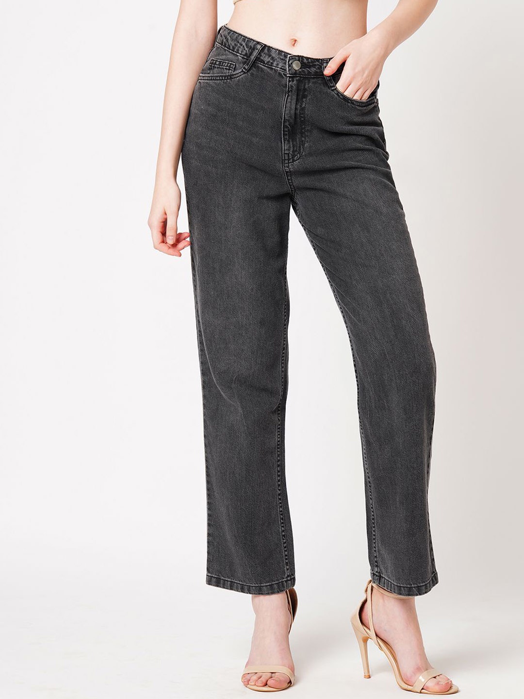 

Kraus Jeans Women Straight Fit High-Rise Light Fade Jeans, Grey