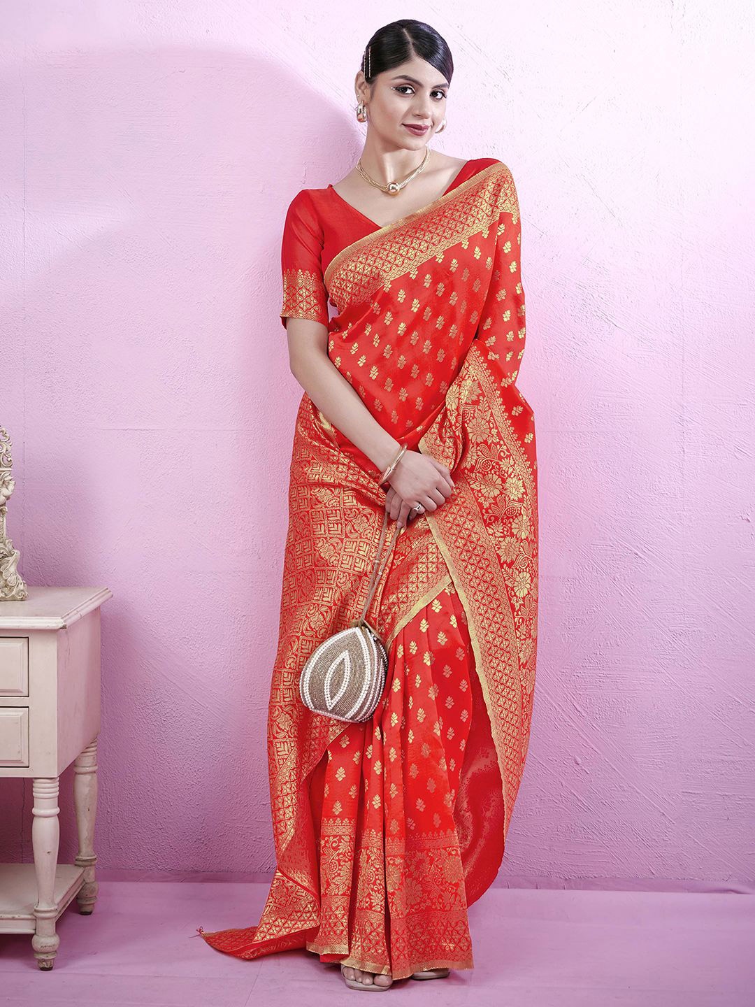 

KALINI Woven Design Zari Paithani Saree, Red