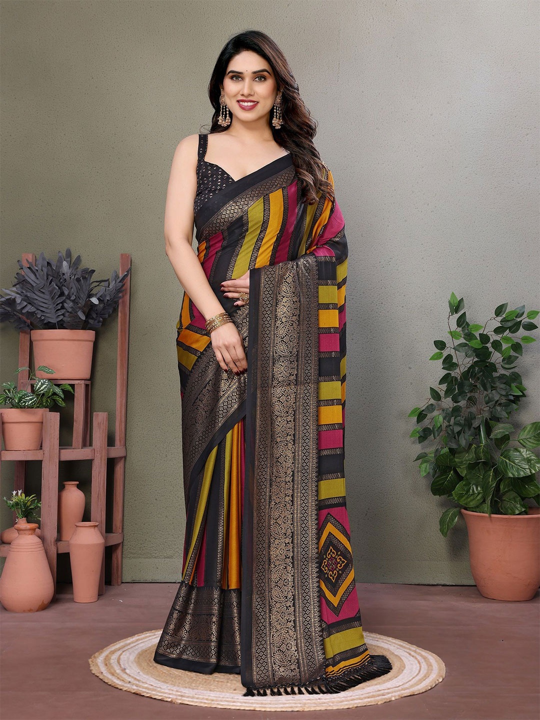

ROOP SUNDARI SAREES Striped Pure Silk Saree with Blouse Piece, Black