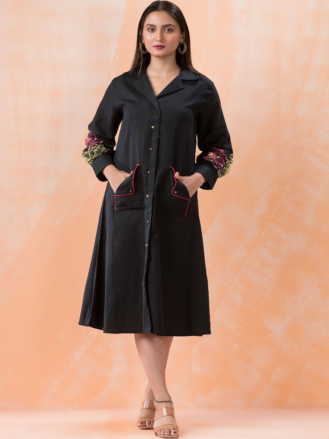 

FREYAA Summer Women Cotton Embroidered Shirt Dress With Pocket Detailing, Black