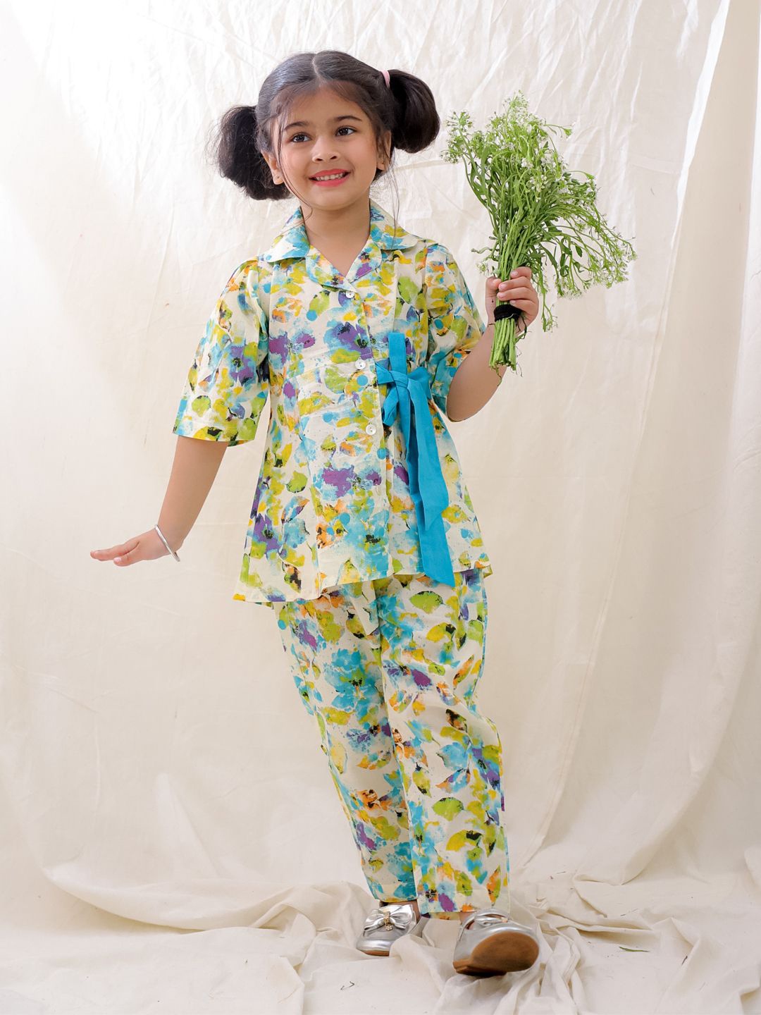 

BownBee Girls Floral Printed Pure Cotton Shirt With Trousers, Green
