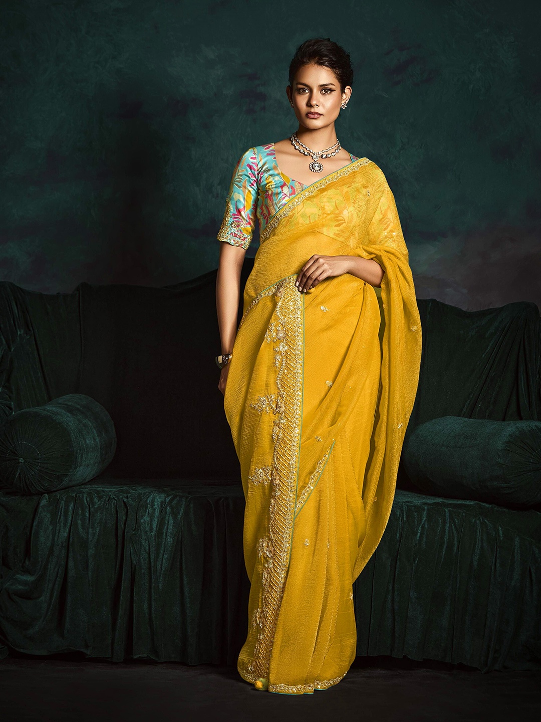 

House of D&S Embellished Emboridered Beads And Stones Tissue Saree, Mustard