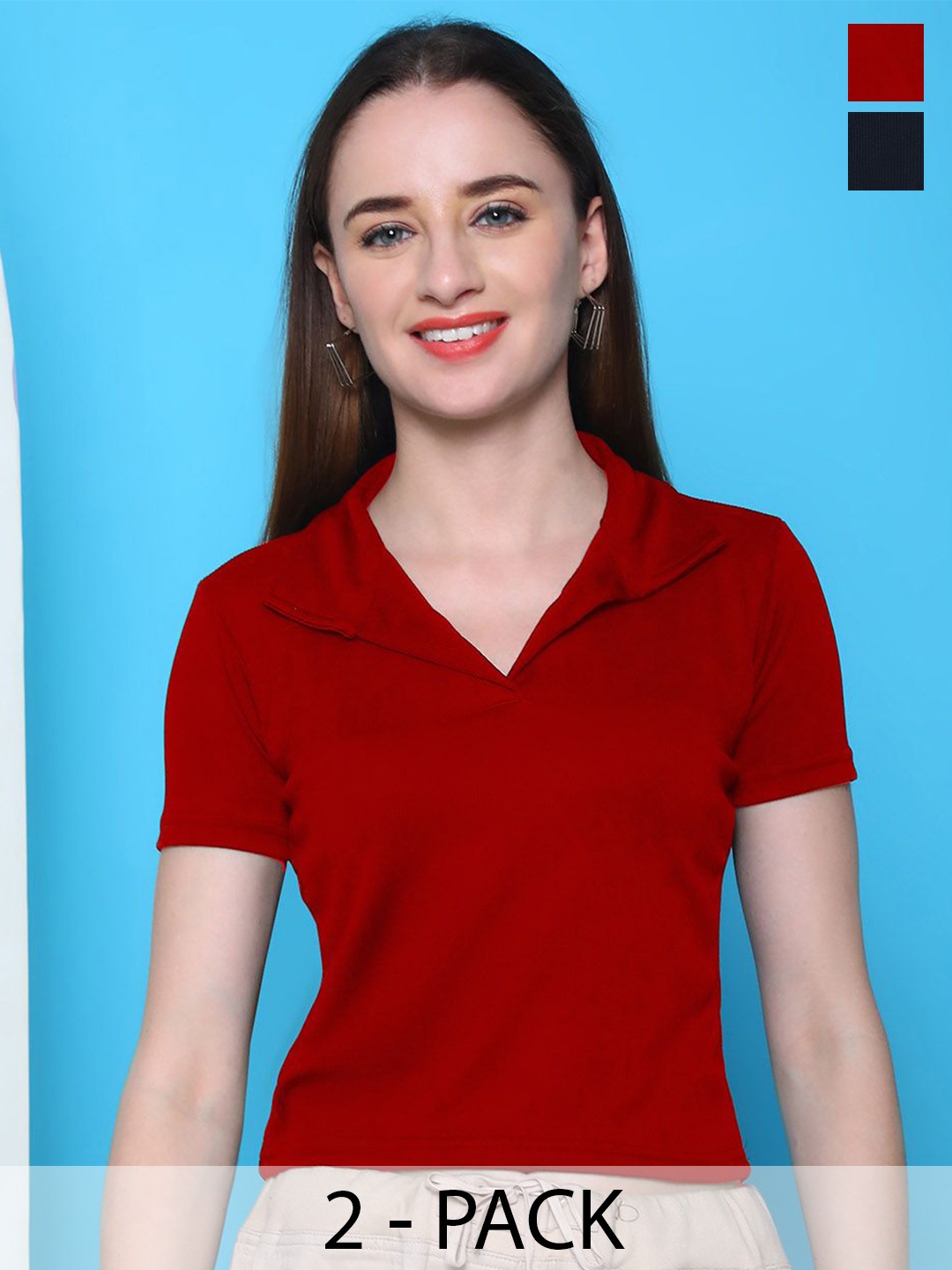 

Tromko Pack Of 2 Shirt Coller Crop Top, Red