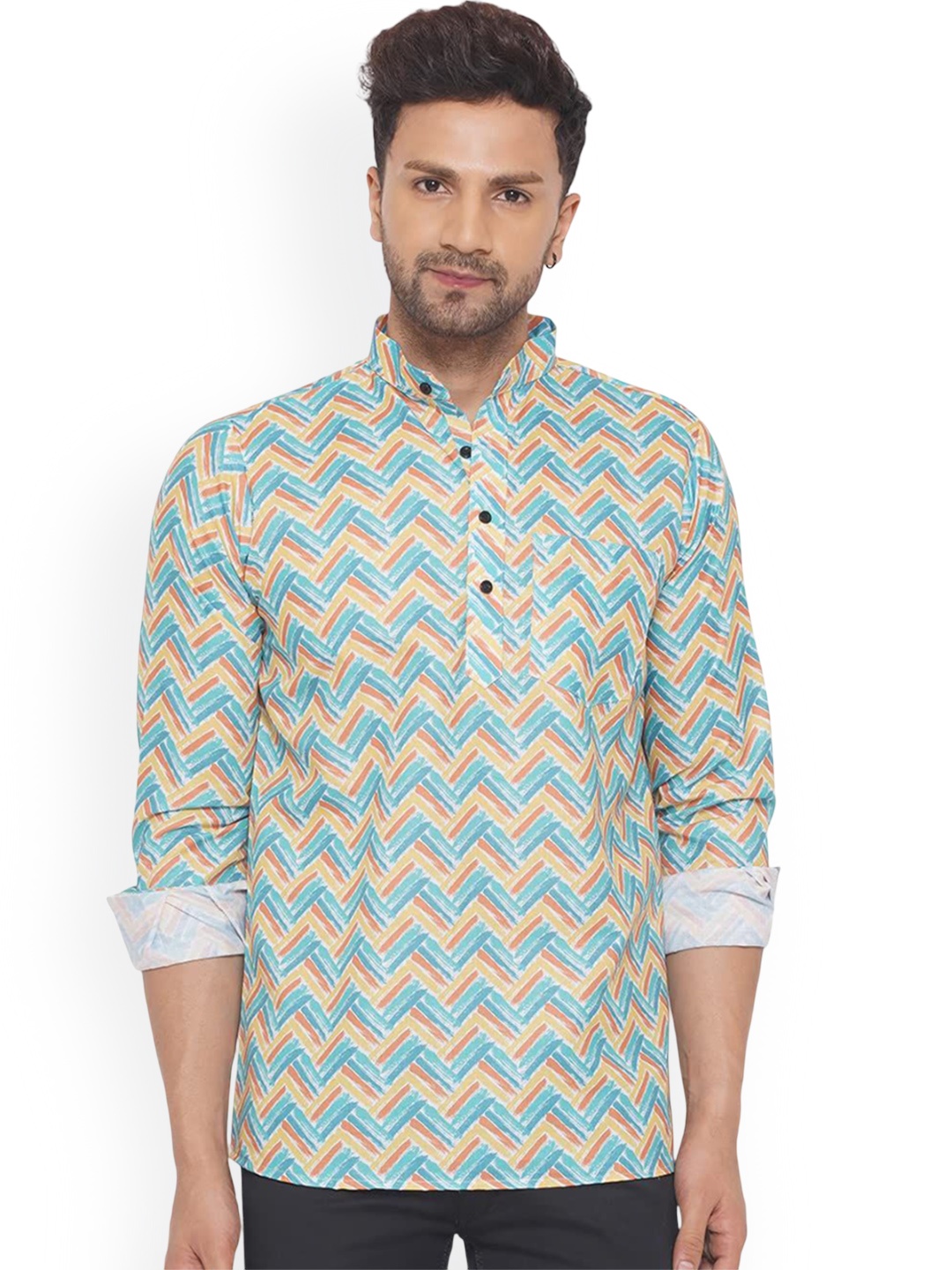 

VEERA PARIDHAAN Chevron Printed Band Collar Cotton Straight Kurta, Blue