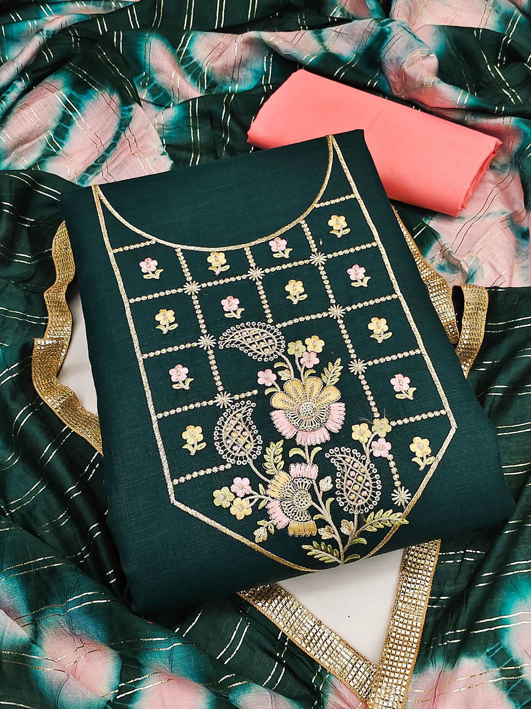 

HERE&NOW Floral Embroidered Sequinned Cotton Unstitched Dress Material, Green