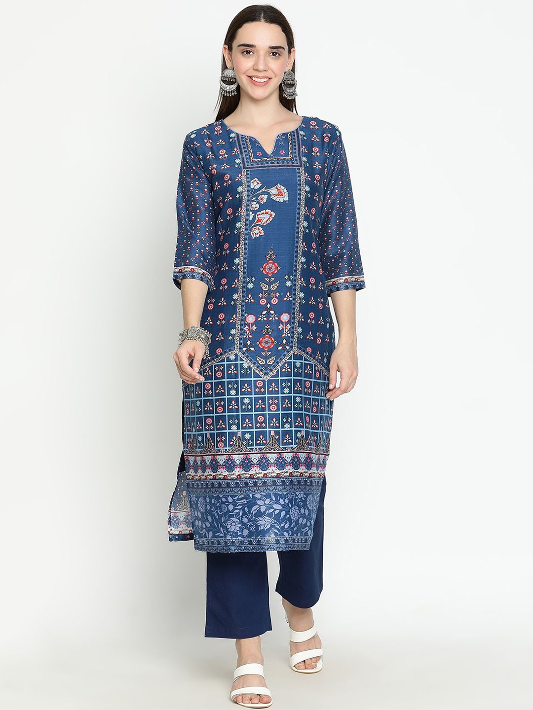 

SHINGORA Floral Printed Notch Neck Straight Kurta With Trouser & Dupatta, Blue