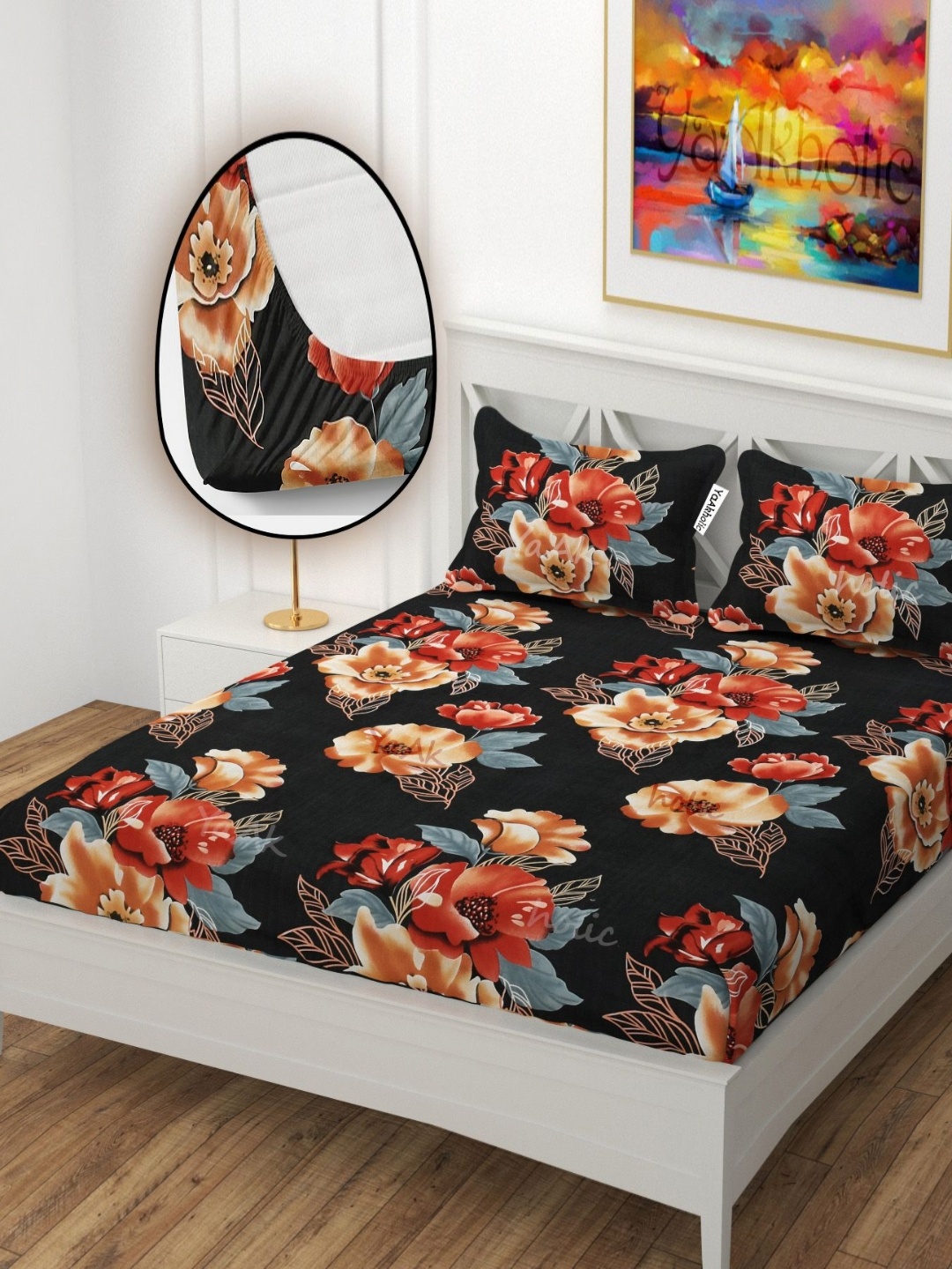 

YaAkholic Black & Peach-Coloured Floral 210 TC King Bedsheet with 2 Pillow Covers
