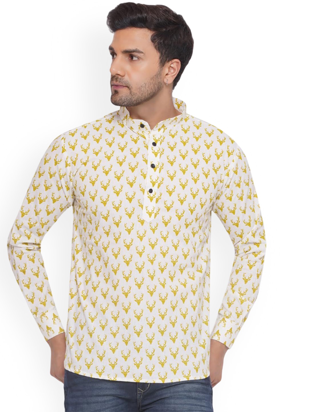 

VEERA PARIDHAAN Quirky Printed Roll-Up Sleeves Band Collar Cotton Straight Short Kurta, White
