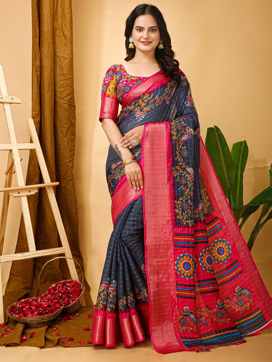 

Panzora Kalamkari Printed Zari Saree With Unstitched Blouse Piece, Blue