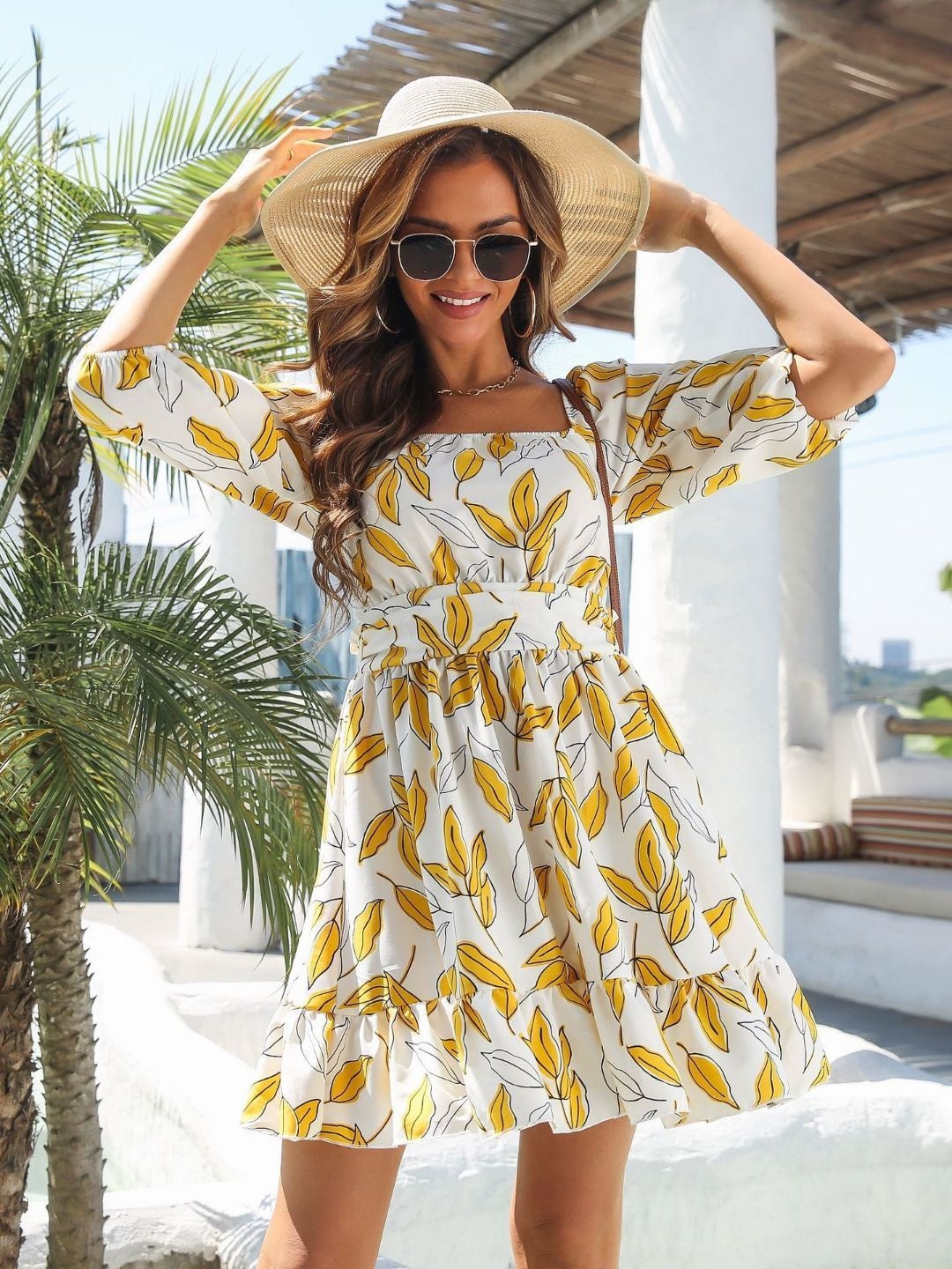 

Oh Rare Tropical Print Flutter Sleeve Fit & Flare Dress, Yellow