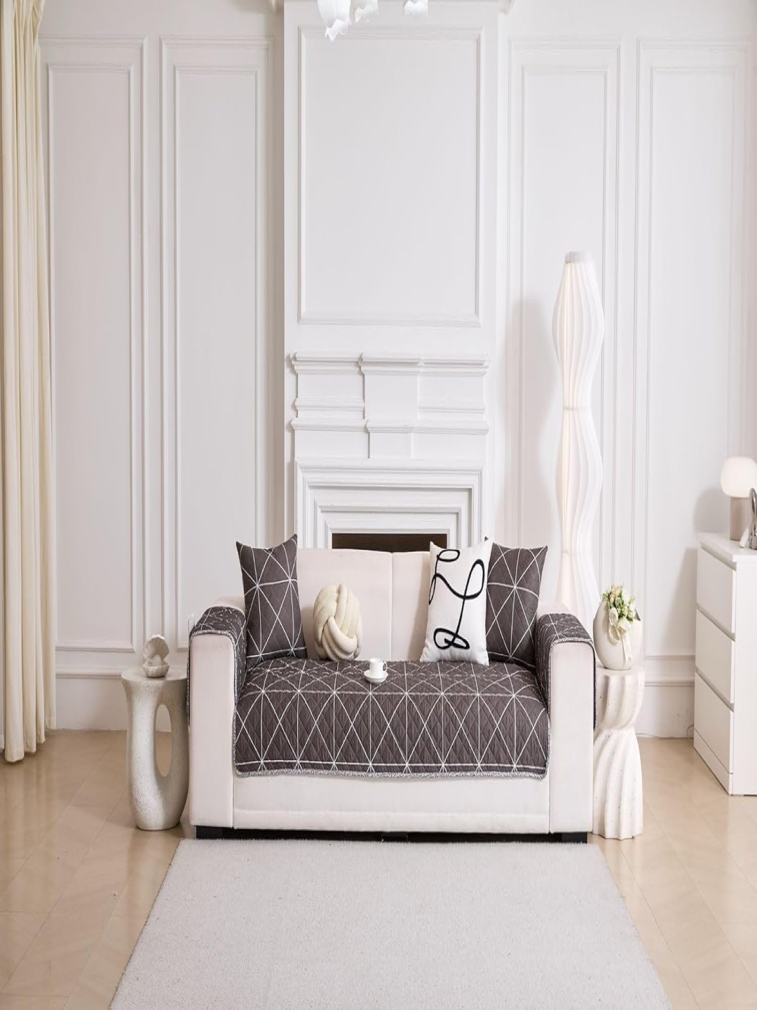 

HomeCloud Grey & White Printed Cotton Sofa Cover