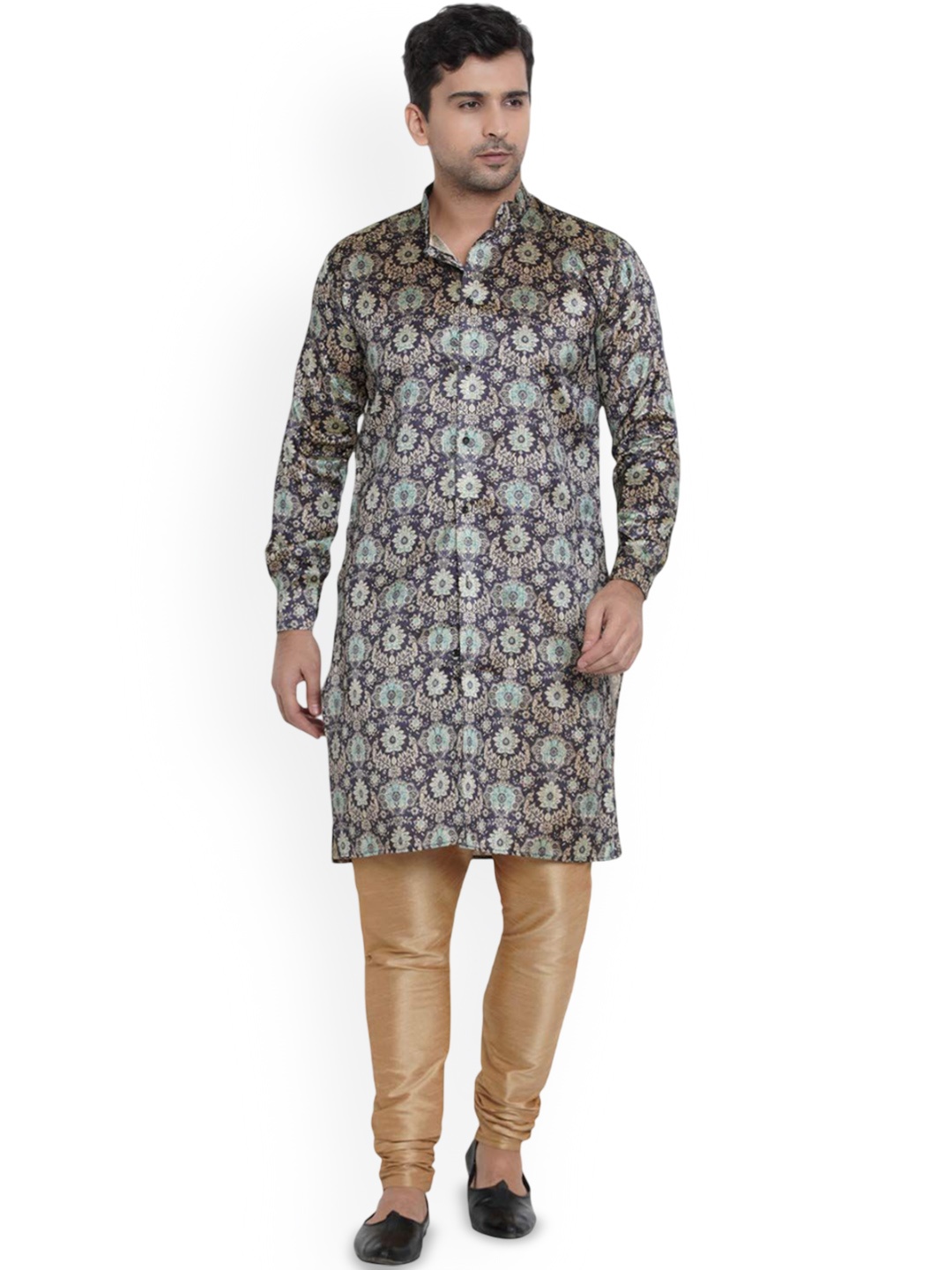 

VEERA PARIDHAAN Floral Printed Mandarin Collar Jacquard Dupion Silk Straight Kurta, Brown