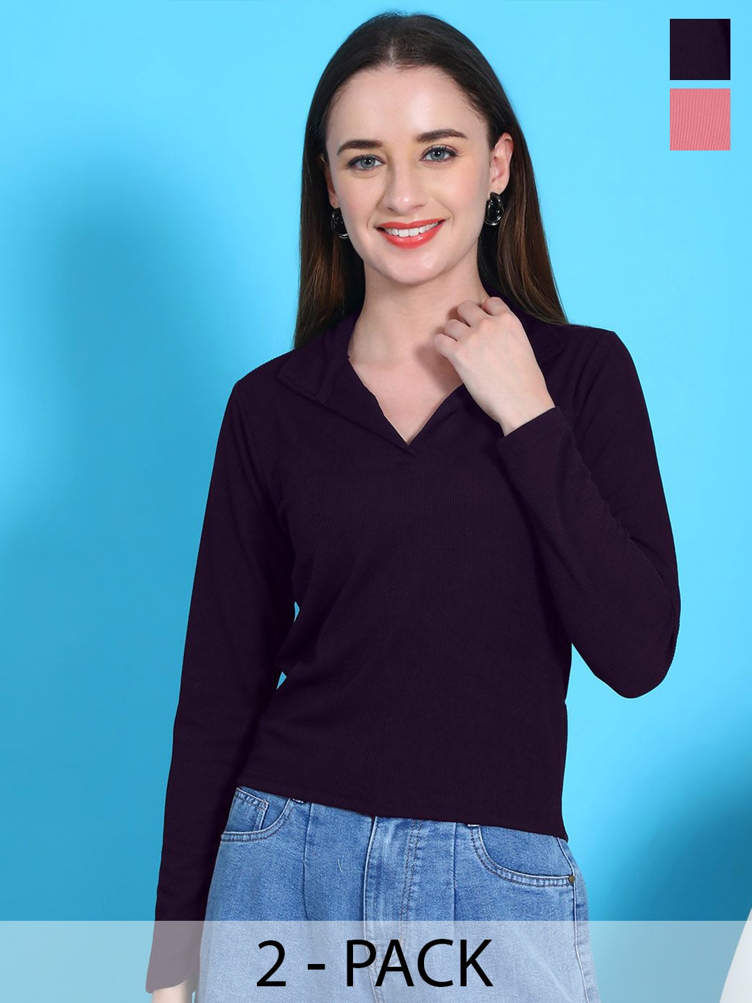 

Tromko Women Pack OF 2 Shirt Collar Regular Top, Black