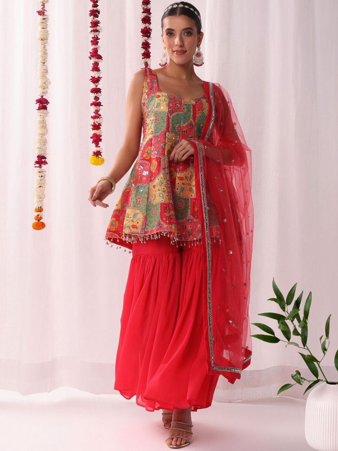 

Chhabra 555 Floral Printed Mirror Work Sleeveless Anarkali Kurta Sharara & Dupatta, Pink