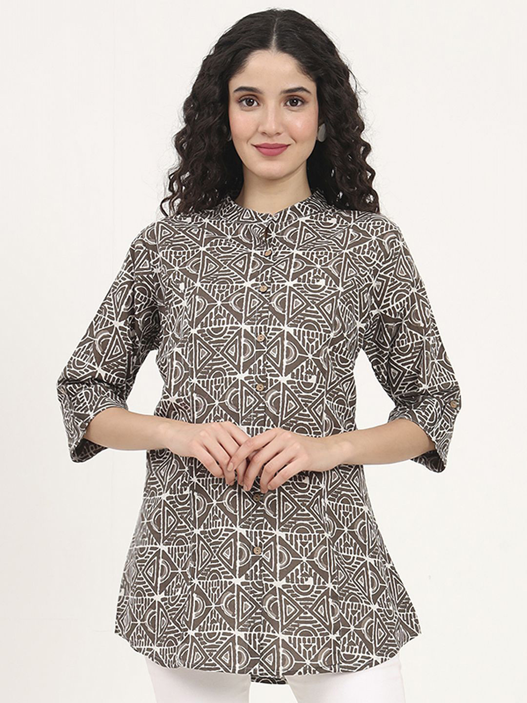 

Divena Tribal Print Mandarin Collar Roll-Up Sleeves Cotton Shirt Style Top, Grey