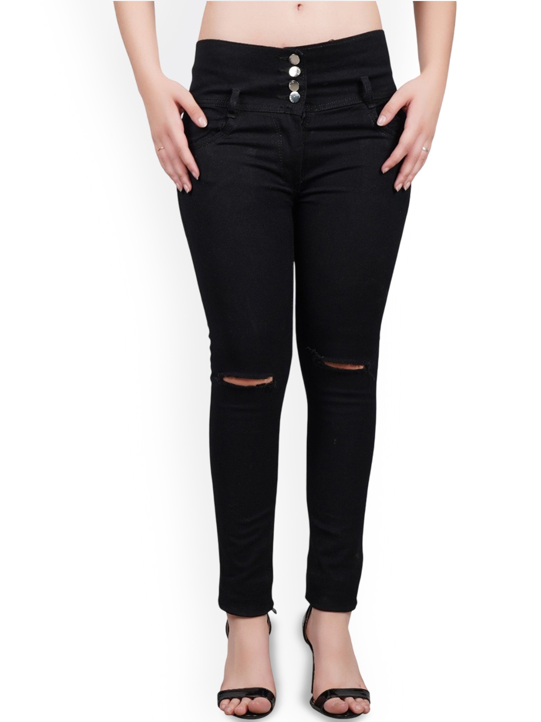 

LINARIA Women Classic Slim Fit Slash Knee Dark Shade No Fade Jeans, Black