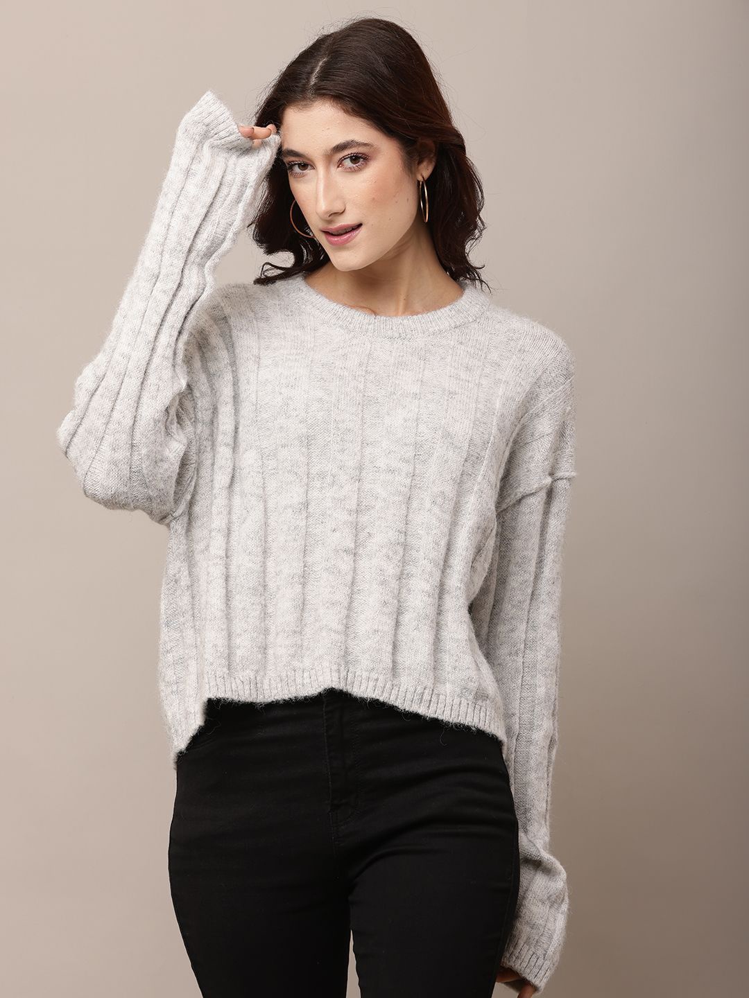 

NoBarr Women Solid Round Neck Long Sleeves Pullover, Grey