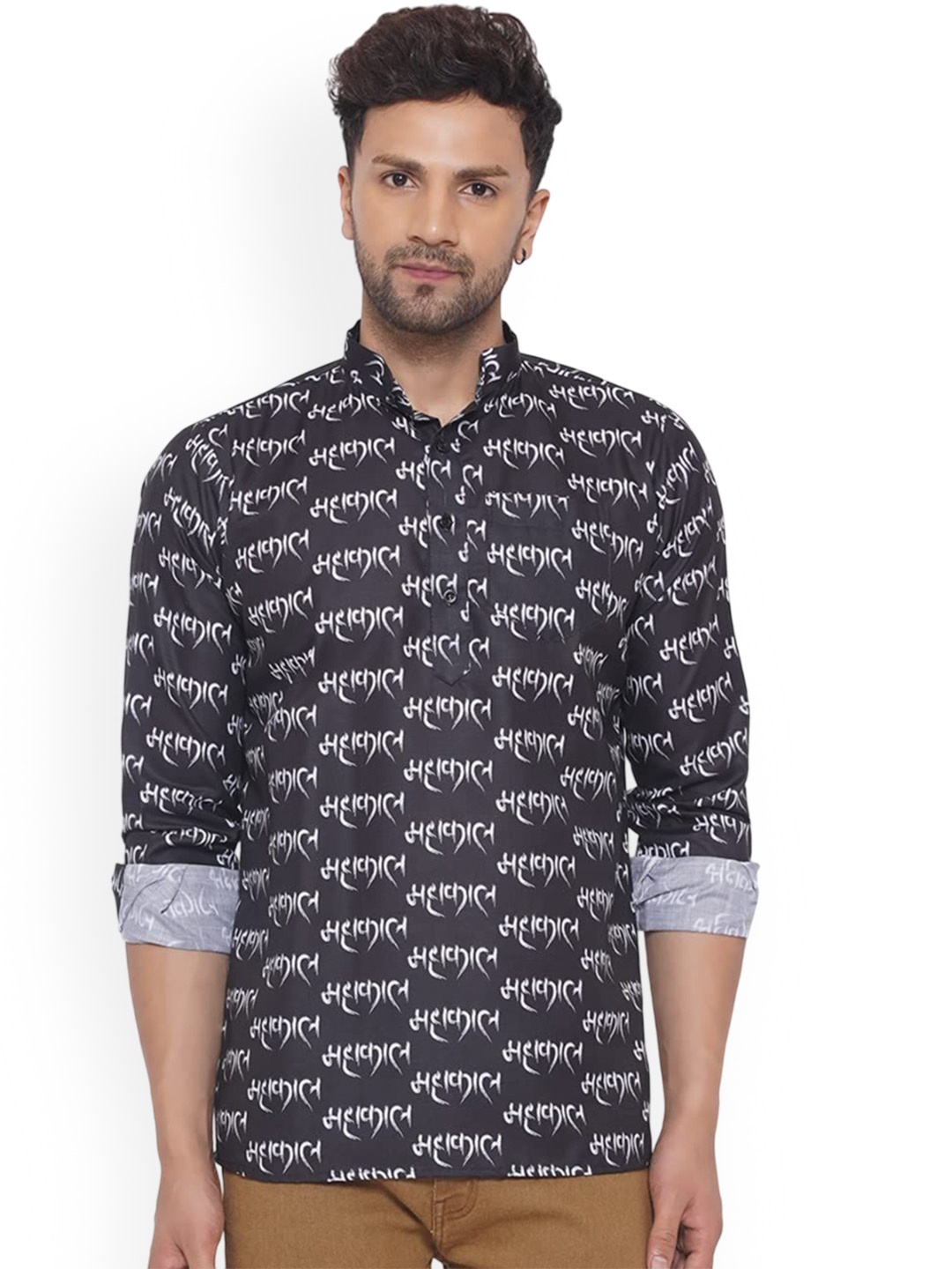 

VEERA PARIDHAAN Mahakal Typography Printed Shirt Collar Cotton Straight Short Kurta, Black