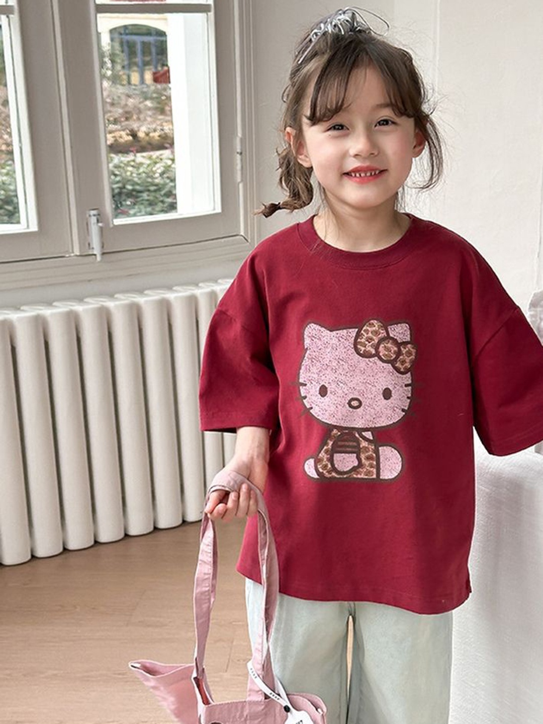 

LULU & SKY Girls Printed Pure Cotton Applique T-shirt, Red