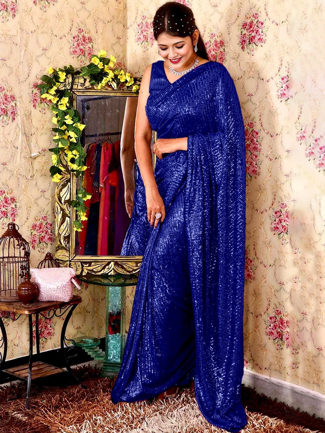 

Madhur Hand Work Art Sequinned Poly Georgette Designer Saree, Blue