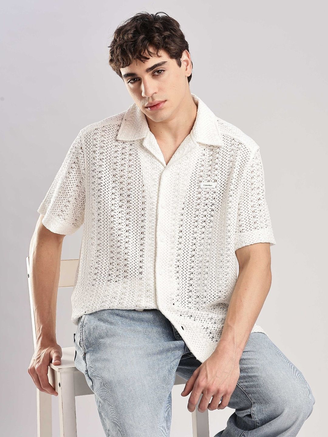 

Calvin Klein Jeans Men Semi Sheer Printed Casual Shirt, Off white