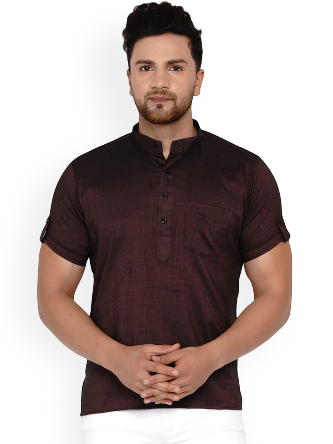 

VEERA PARIDHAAN Band Collar Short Sleeves Straight Kurta, Maroon