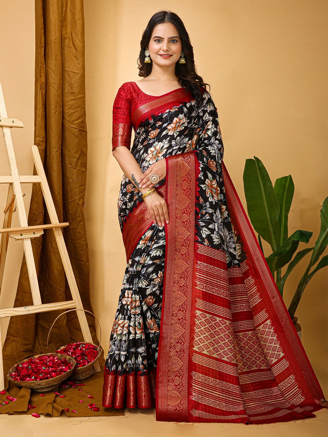 

Panzora Kalamkari Printed Zari Kanjeevaram Saree, Black