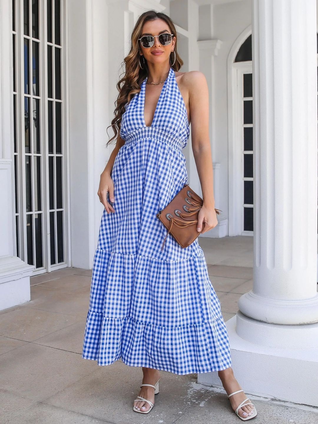 

Oh Rare Checked Halter Neck Maxi Dress, Blue