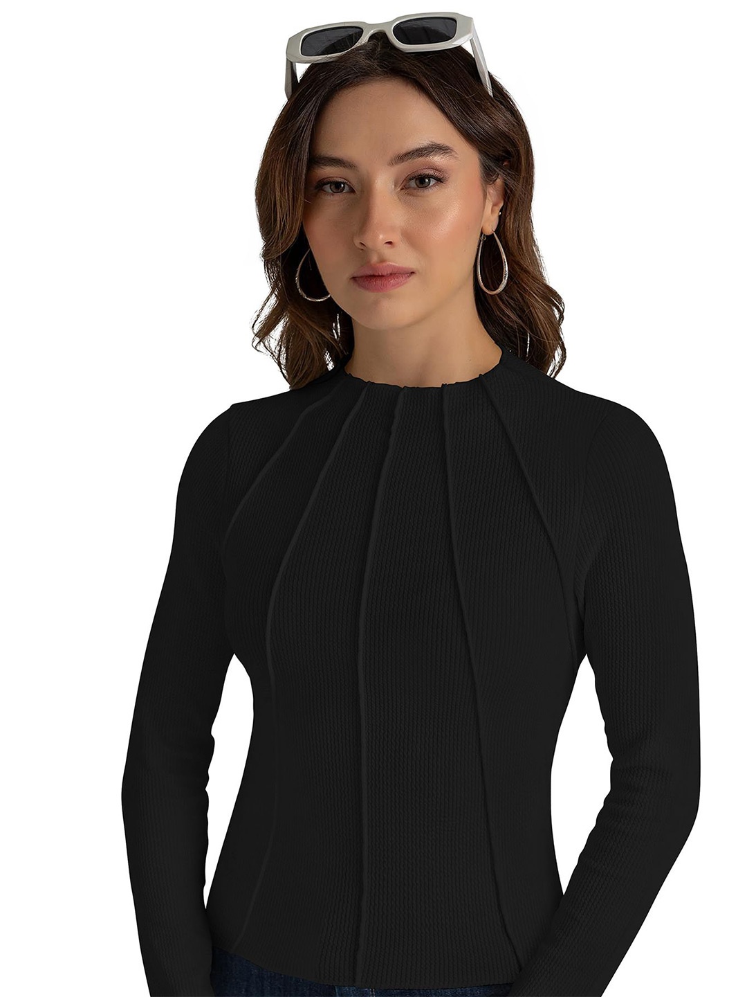 

BAESD Women Cotton Self Design Fitted Top, Black