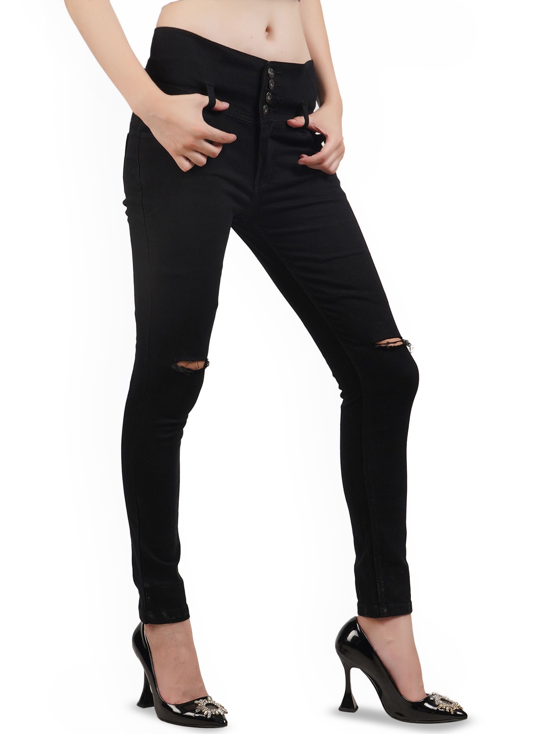 

LINARIA Women Classic Slim Fit Mildly Distressed Jeans, Black