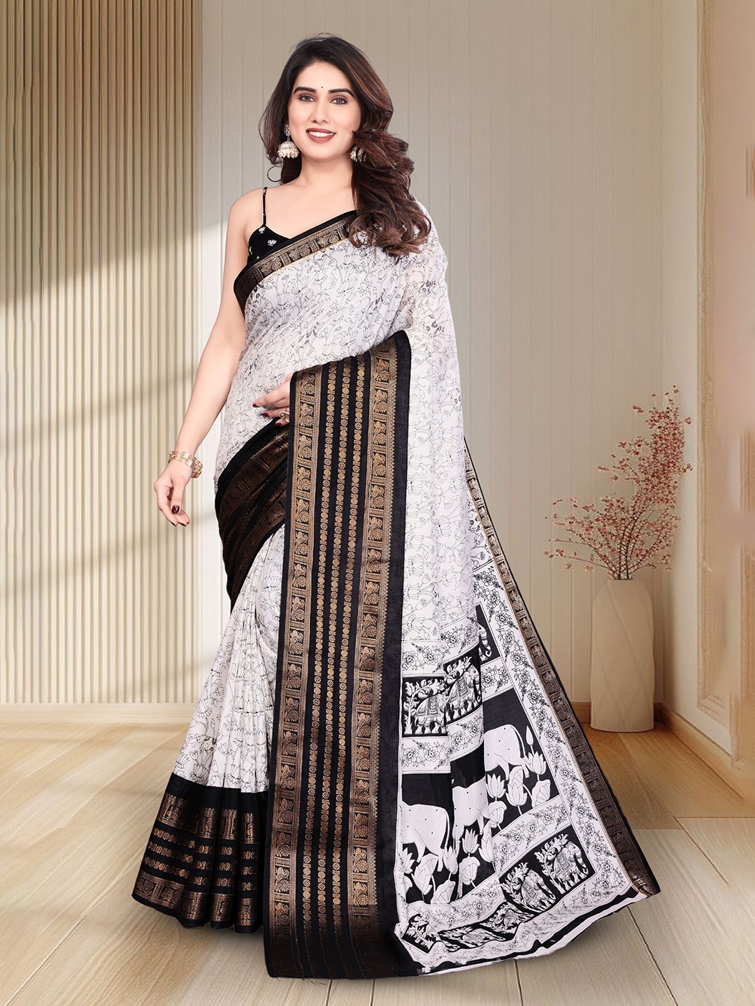 

MAGNEITTA Ethnic Motifs Zari Dola Silk Saree, White