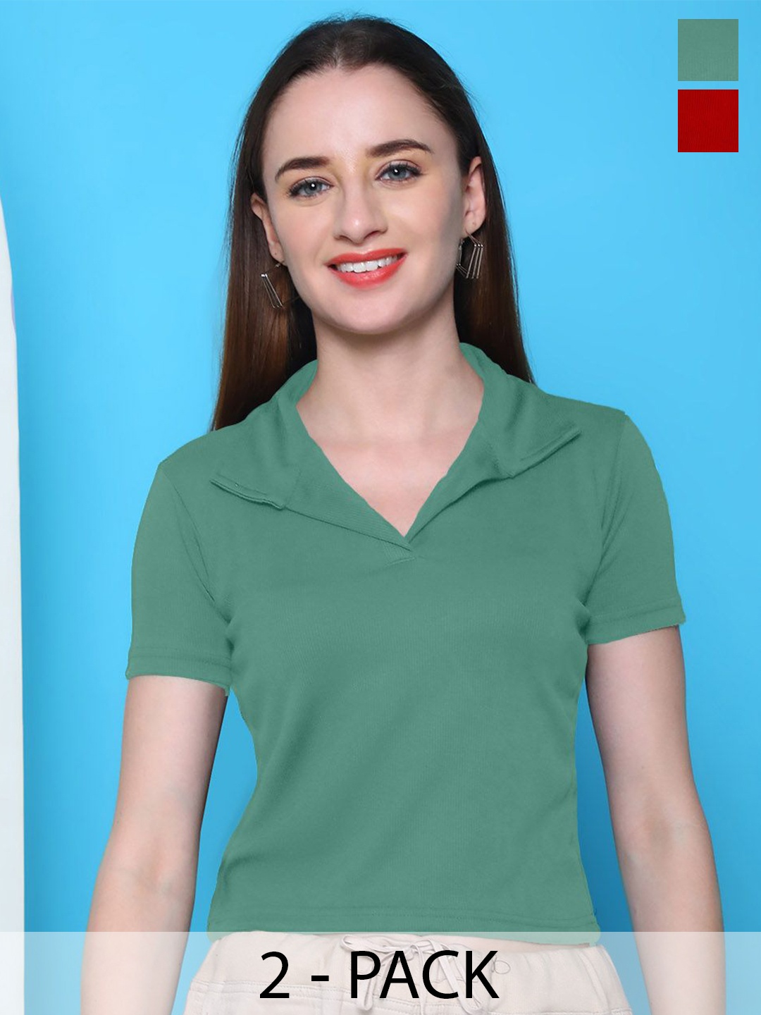 

Tromko Women Pack OF 2 Ribbed Shirt Collar Crop Top, Red