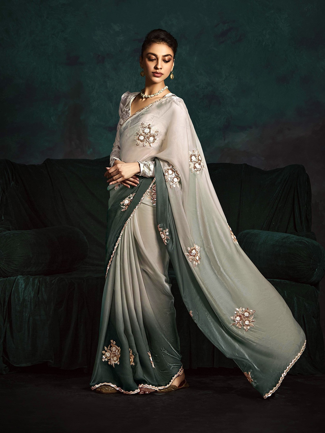 

Ivory White Organza Tissue Silk Saree with Handcrafted Sequin & Thread Embroidery, Off white
