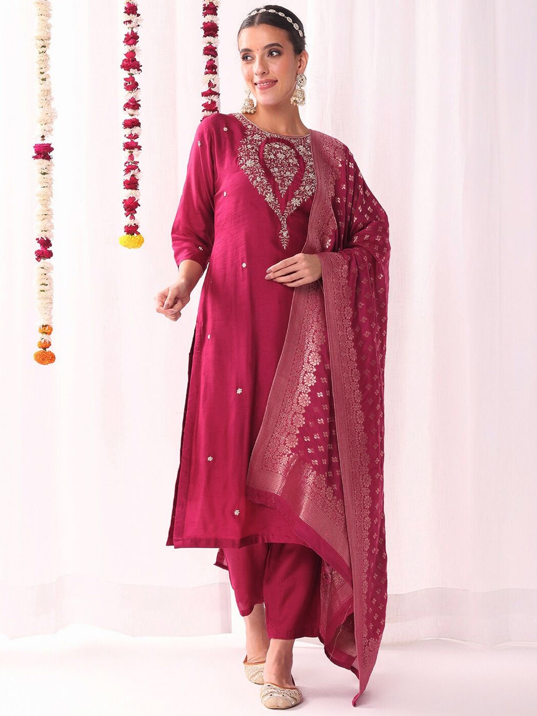 

Chhabra 555 Floral Embroidered Chanderi Cotton Straight Kurta With Trouser & Dupatta, Pink