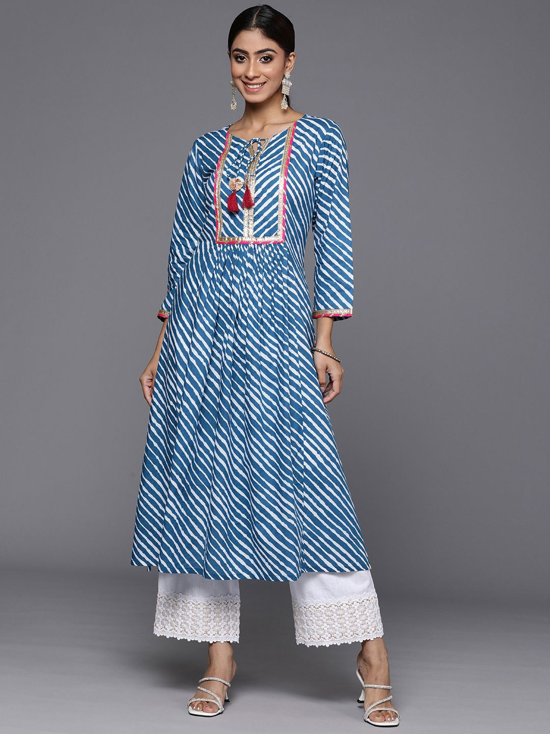 

DIVASTRI Leheriya Printed Cotton A-Line Kurta, Blue