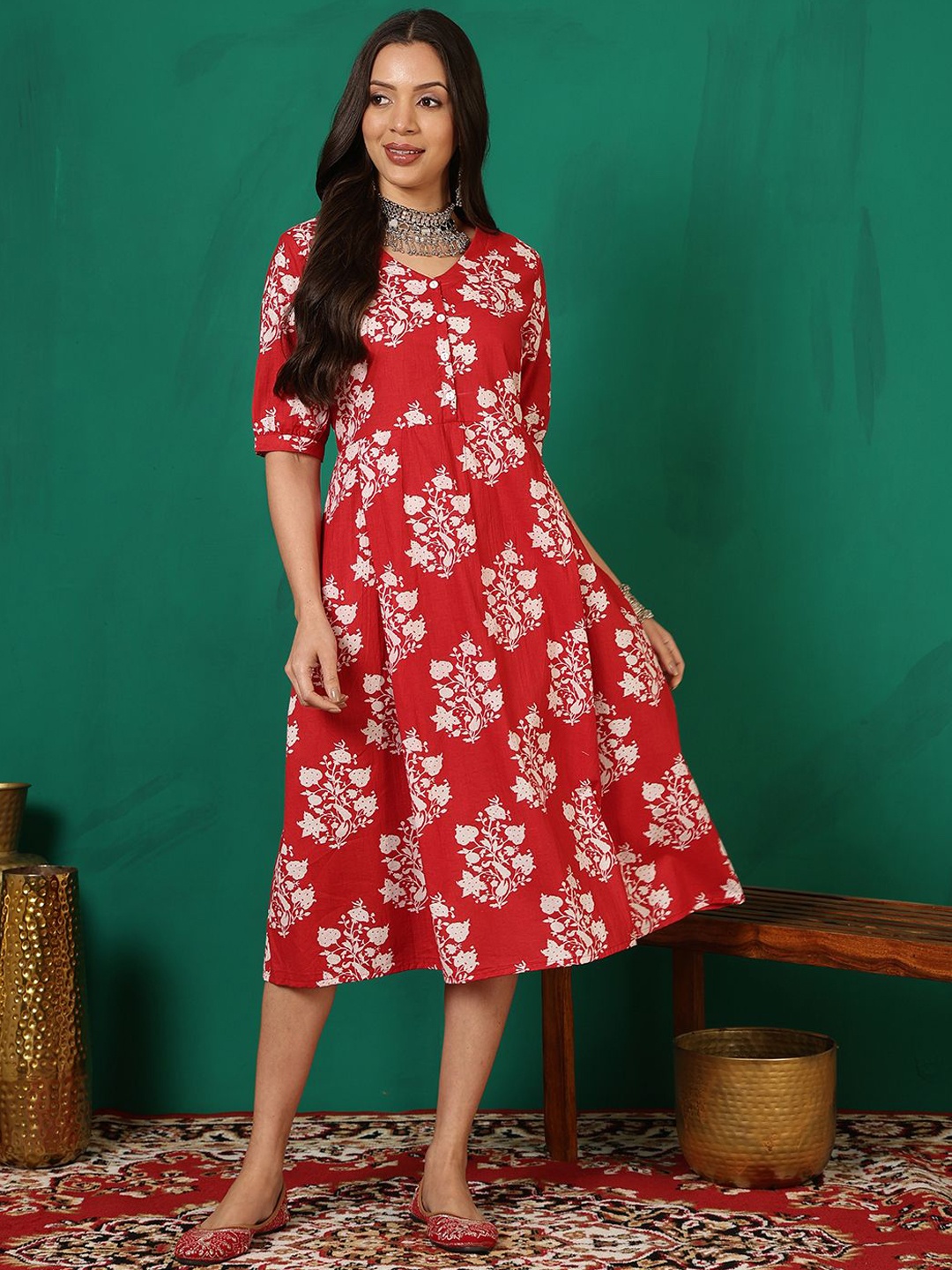 

Sangria Women Printed Pure Cotton Fit & Flare Dress, Red