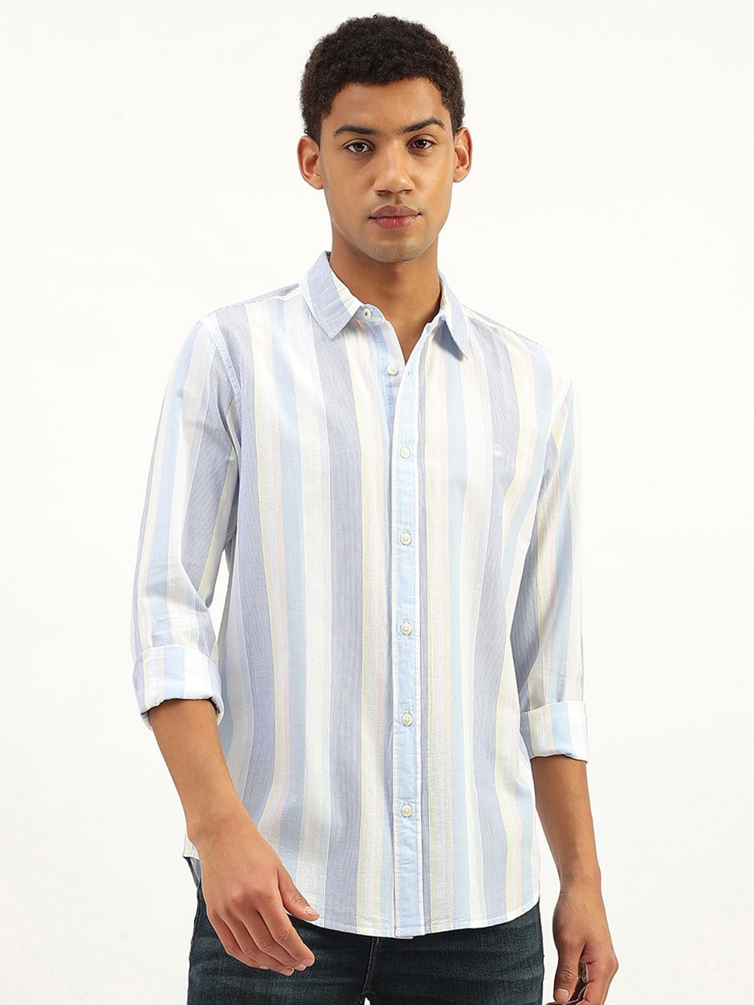 

United Colors of Benetton Men Opaque Striped Casual Shirt, Blue