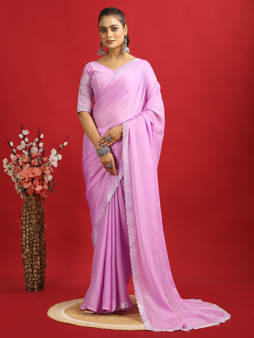 

Virendra Textiles Embroidered Saree With Unstitched Blouse Piece, Purple