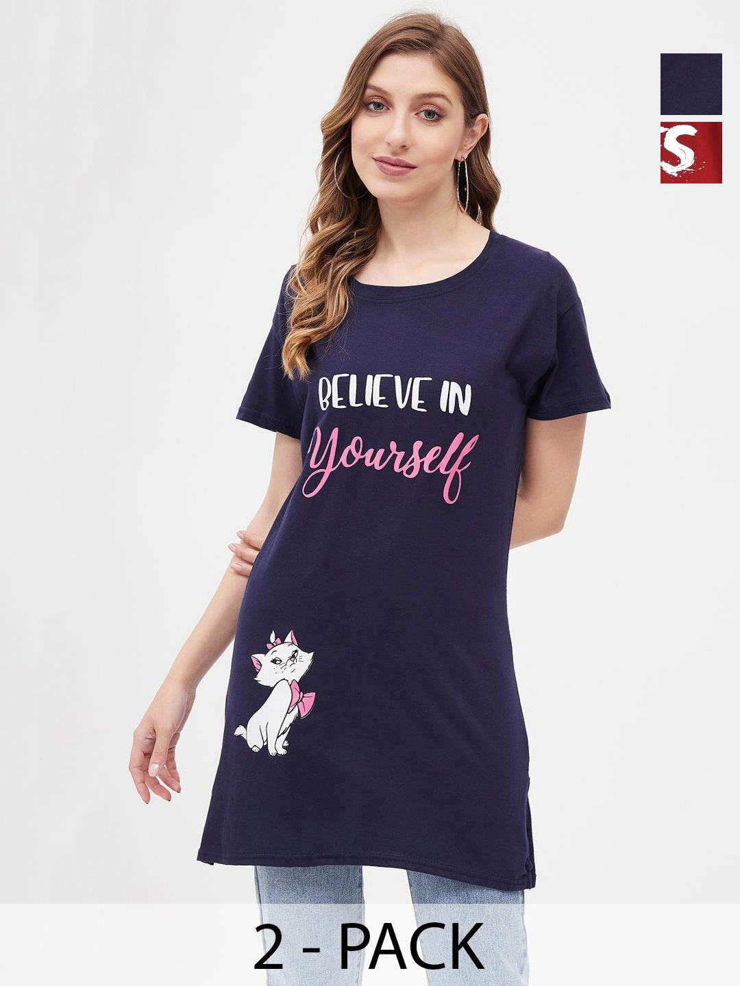 

Dreambe Women 2 Printed Extended Sleeves Applique T-shirt, Multi