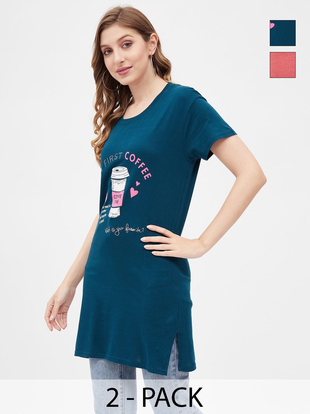 

Dreambe Women 2 Printed Extended Sleeves Applique T-shirt, Multi