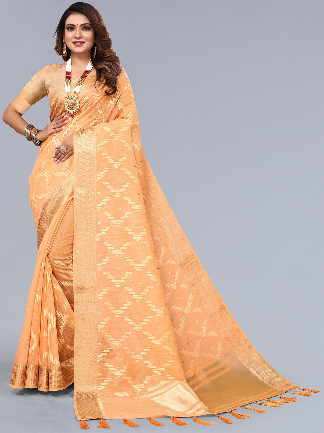 

VIRENDRA TEXTILES Woven Design Zari Pure Cotton Saree, Orange