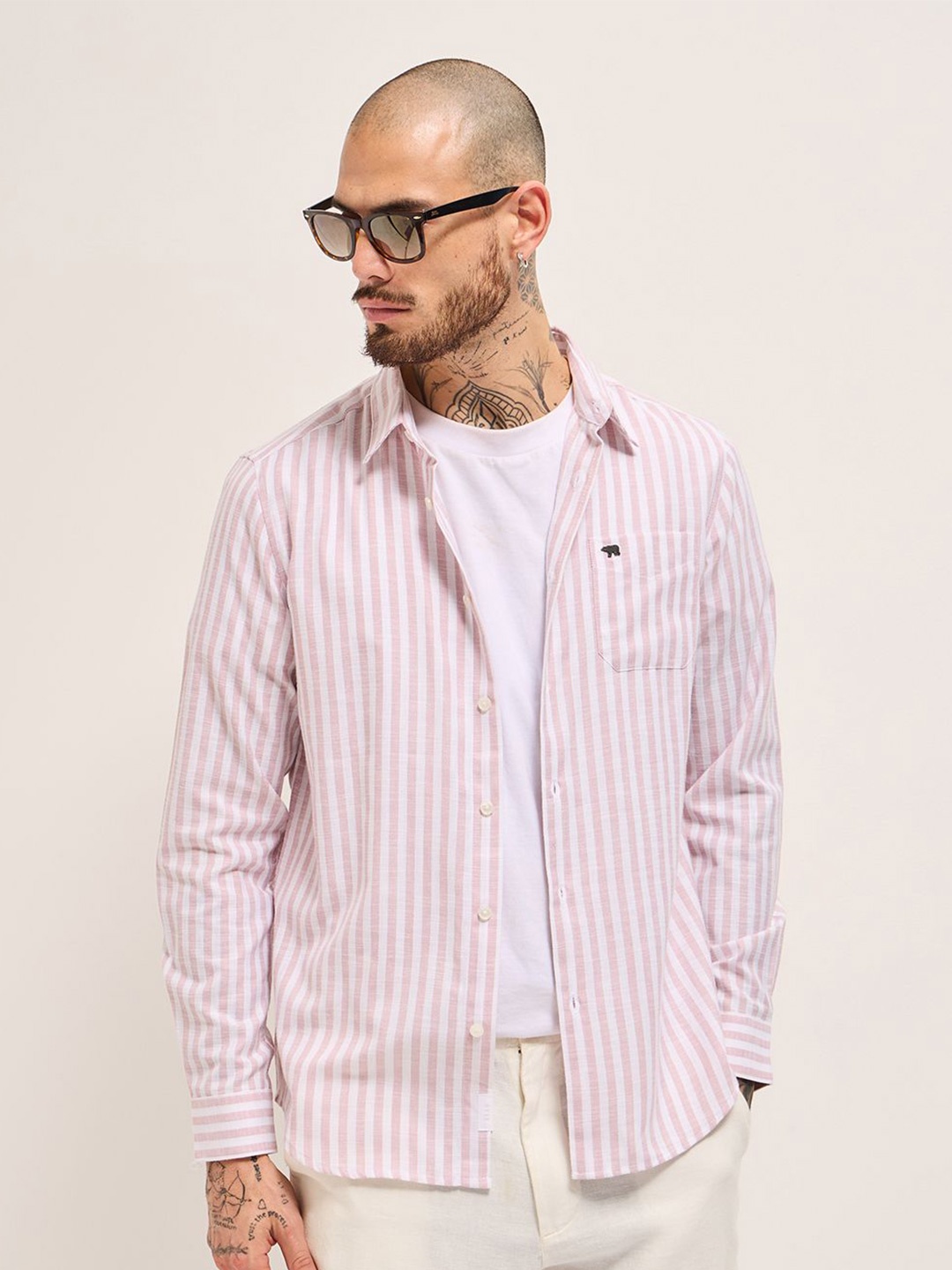 

THE BEAR HOUSE Men Slim Fit Opaque Striped Casual Shirt, Pink