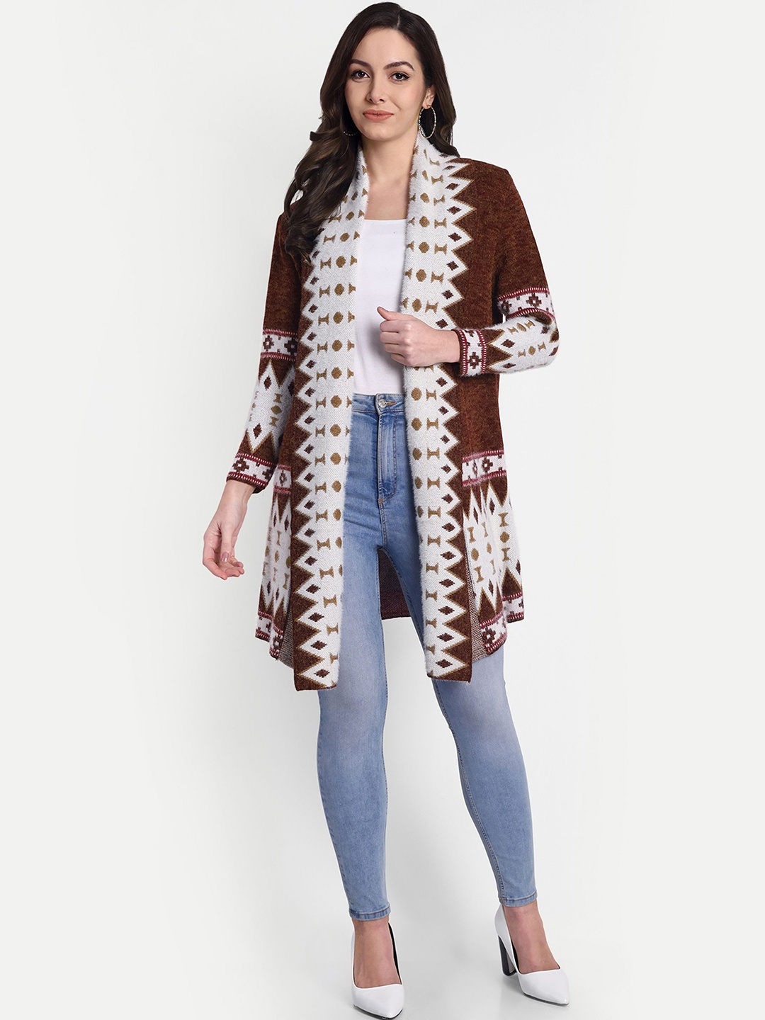 

HAUTEMODA Women Geometric Woollen Longline Front-Open Sweaters, Brown
